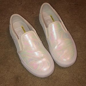 white metallic leather vans